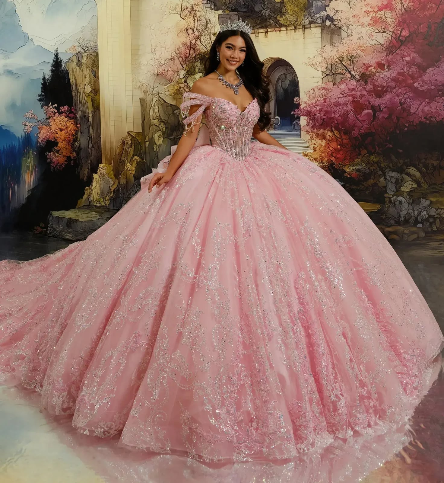 Pink Off-Shoulder Ballgown with Glitter and Lace Details Pink Off-Shoulder Ballgown with Glitter and Lace Details — Trendy Quince Dress