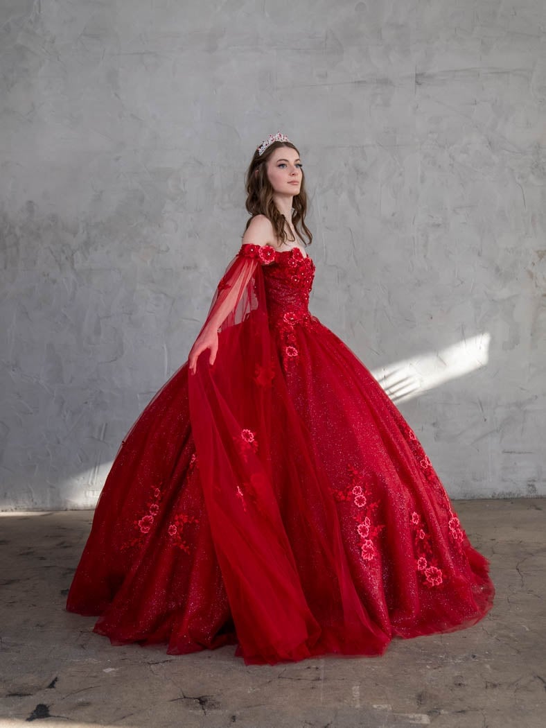 Sparkling Red Ballgown with Off-Shoulder Cape Sleeves Sparkling Red Ballgown with Off-Shoulder Cape Sleeves — Trendy Quince Dress