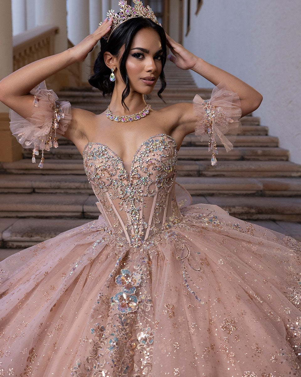 Pink Off-Shoulder Ballgown with Floral Appliques and Cape Pink Off-Shoulder Ballgown with Floral Appliques and Cape — Trendy Quince Dress