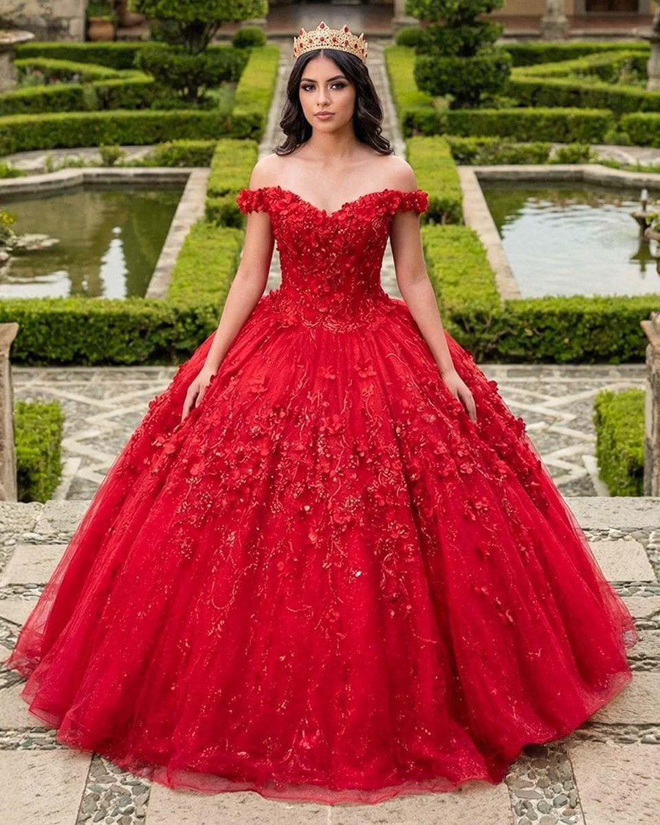 Vibrant Red Off-Shoulder Ballgown with Lace and Sequins Vibrant Red Off-Shoulder Ballgown with Lace and Sequins — Trendy Quince Dress
