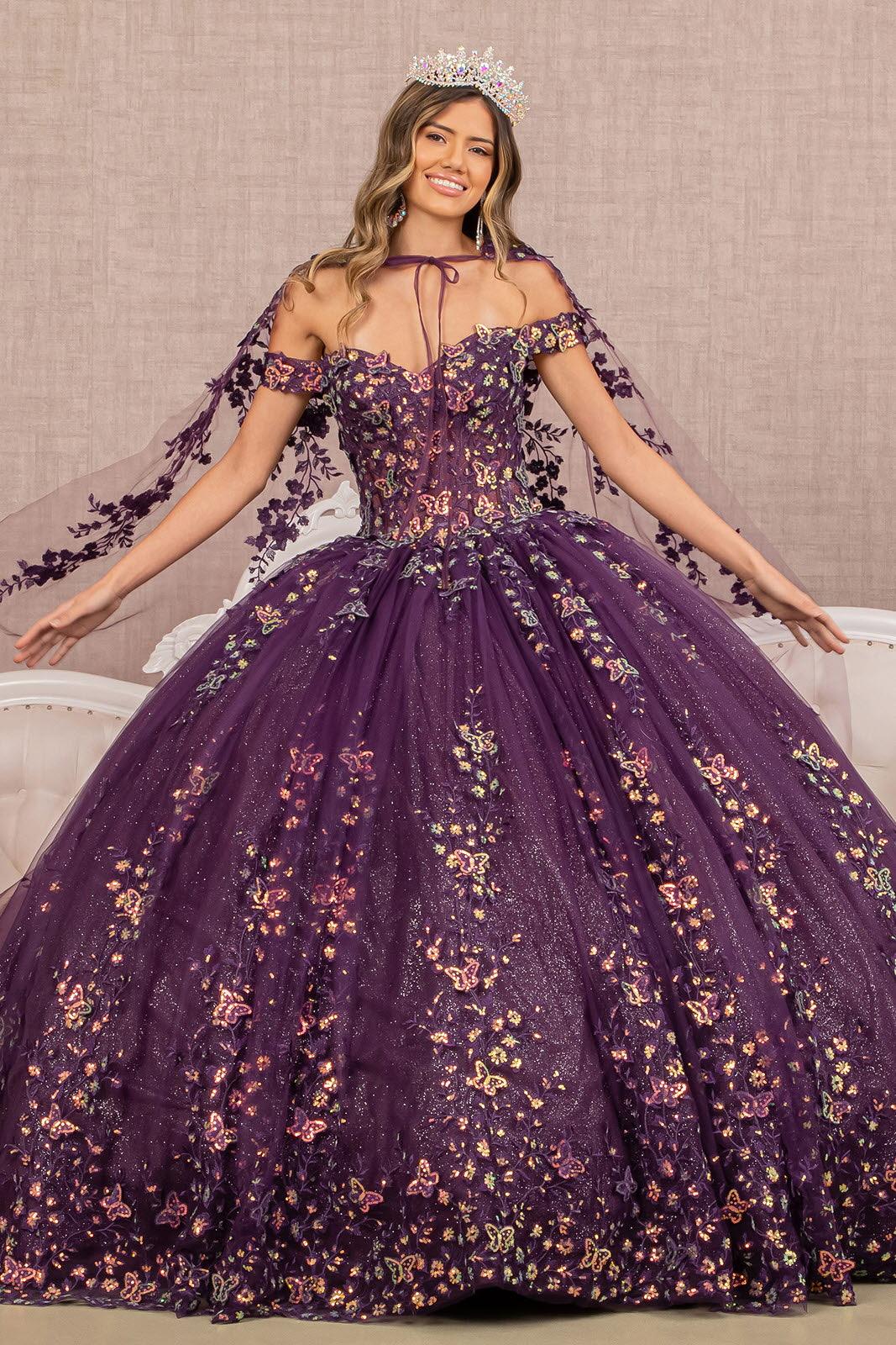 Deep Purple Glitter Tulle Ballgown with Embroidered Cape Deep Purple Glitter Tulle Ballgown with Embroidered Cape — Trendy Quince Dress