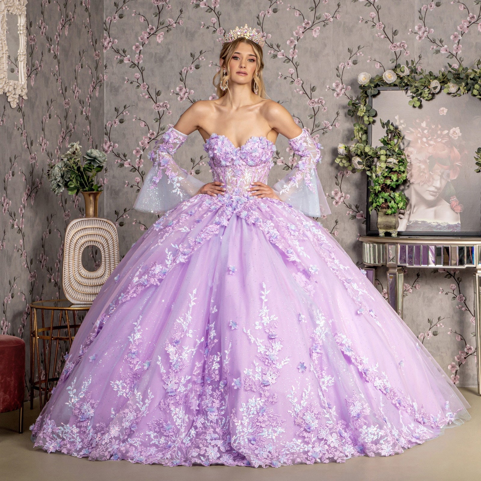Lavender Ballgown with Off-Shoulder Bell Sleeves and Glitter Lavender Ballgown with Off-Shoulder Bell Sleeves and Glitter — Trendy Quince Dress