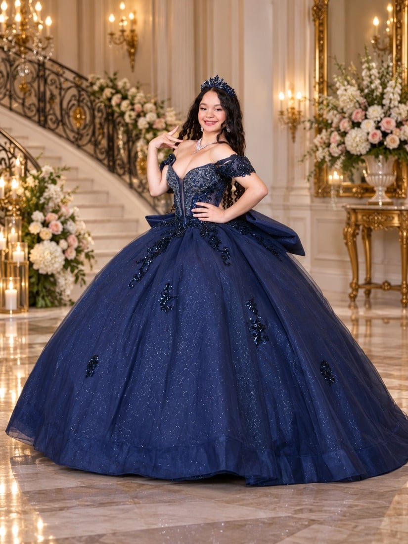 Navy Blue Sparkling Off-Shoulder Ballgown with Tulle Skirt Navy Blue Sparkling Off-Shoulder Ballgown with Tulle Skirt — Trendy Quince Dress
