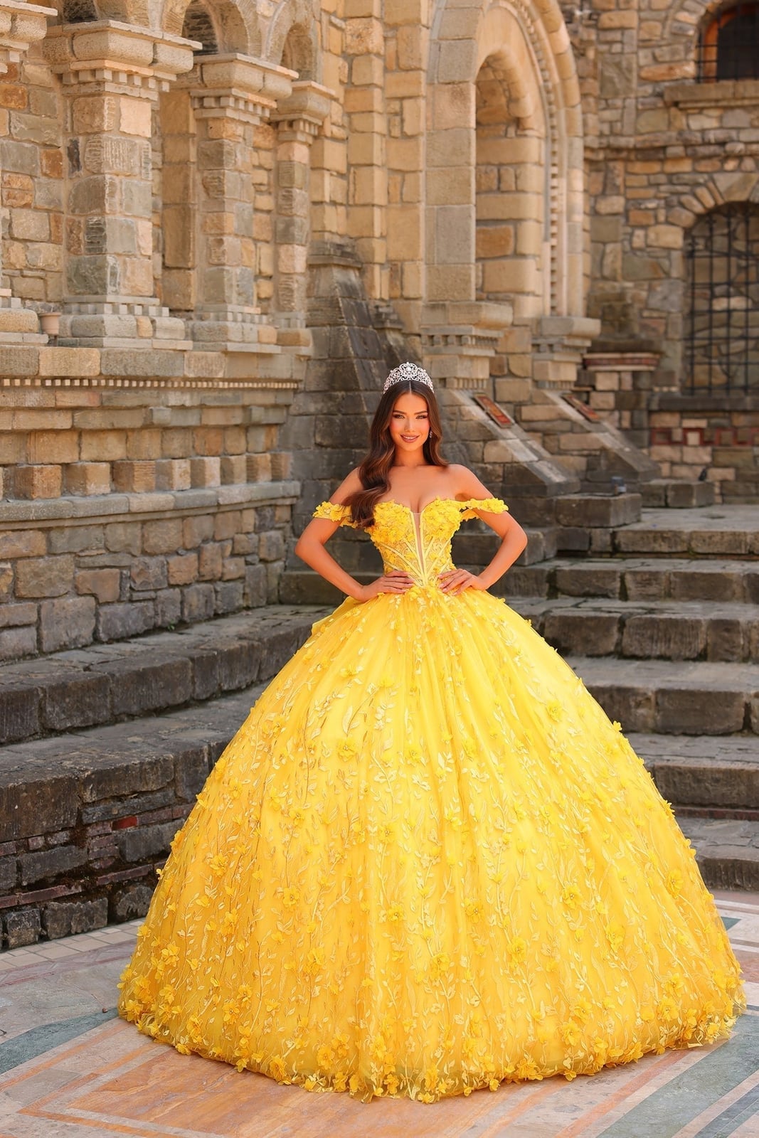 Yellow Tulle Ballgown with 3D Floral Appliques Yellow Tulle Ballgown with 3D Floral Appliques — Trendy Quince Dress