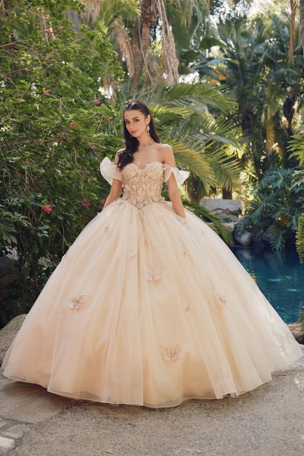 Champagne Ballgown with Butterfly Appliques and Glitter Champagne Ballgown with Butterfly Appliques and Glitter — Trendy Quince Dress