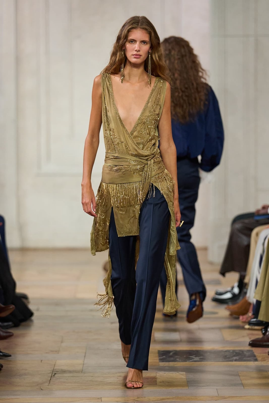 Gold Embellished Sleeveless Top with Navy Trousers Gold Embellished Sleeveless Top with Navy Trousers — Trendy Ralph Lauren Outfits