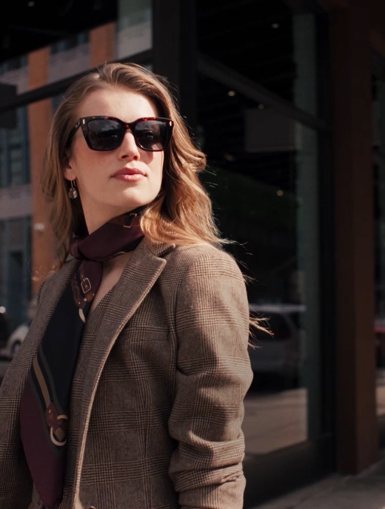 Brown Plaid Blazer with Patterned Silk Scarf Brown Plaid Blazer with Patterned Silk Scarf — Trendy Ralph Lauren Outfits