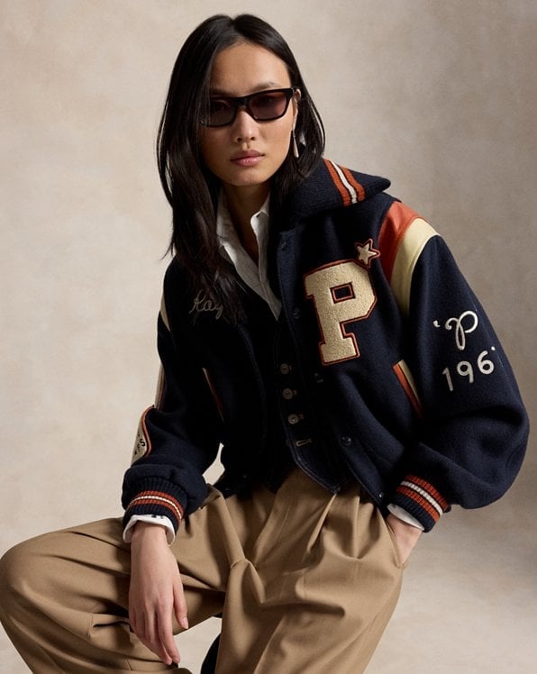 Navy Varsity Jacket with Beige Trousers Navy Varsity Jacket with Beige Trousers — Trendy Ralph Lauren Outfits