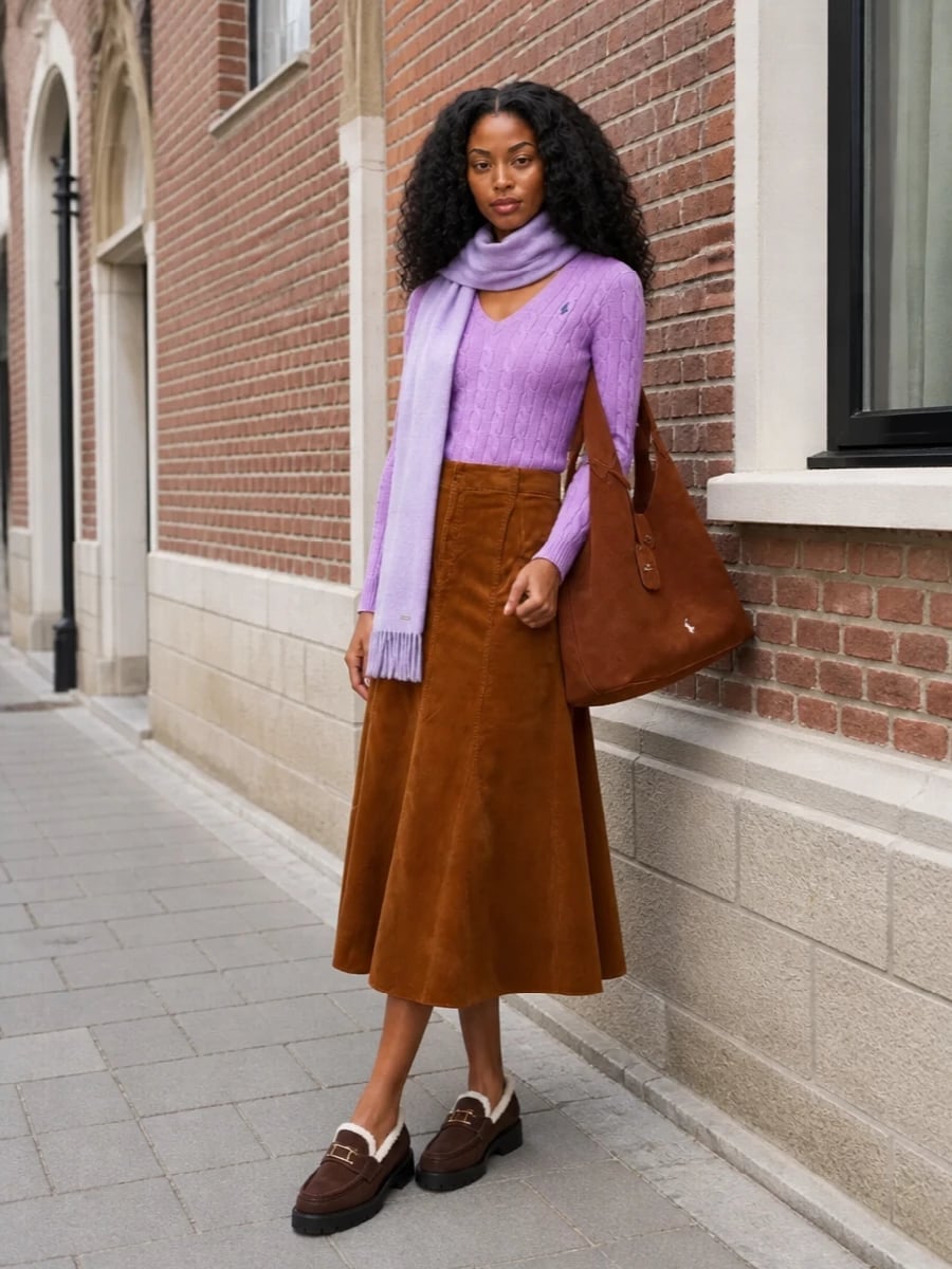 Lavender Cable Knit Sweater with Corduroy Midi, Office-Safe Version Lavender Cable Knit Sweater with Corduroy Midi, Office-Safe Version — Trendy Ralph Lauren Outfits