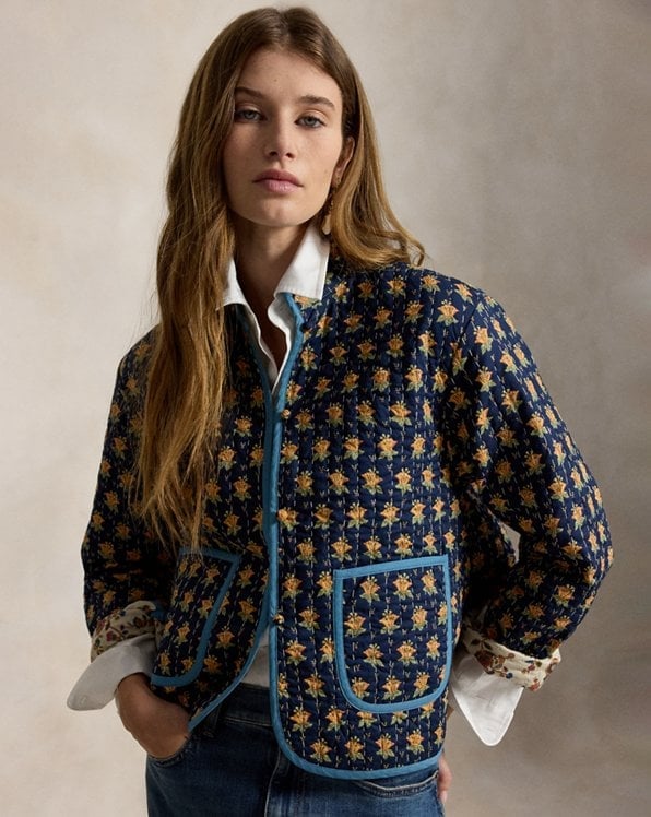 Patterned Quilted Jacket Over Collared Shirt and Jeans Patterned Quilted Jacket Over Collared Shirt and Jeans — Trendy Ralph Lauren Outfits