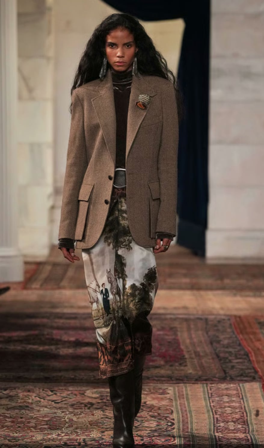 Brown Wool Blazer with Scenic Print Skirt Brown Wool Blazer with Scenic Print Skirt — Trendy Ralph Lauren Outfits