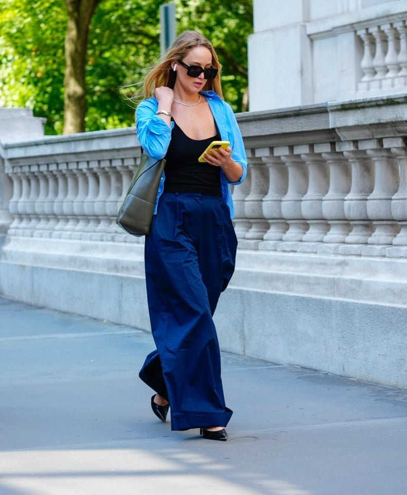 Bright Blue Shirt Over Black Tank with Navy Wide-Leg Trousers Bright Blue Shirt Over Black Tank with Navy Wide-Leg Trousers — Trendy Ralph Lauren Outfits