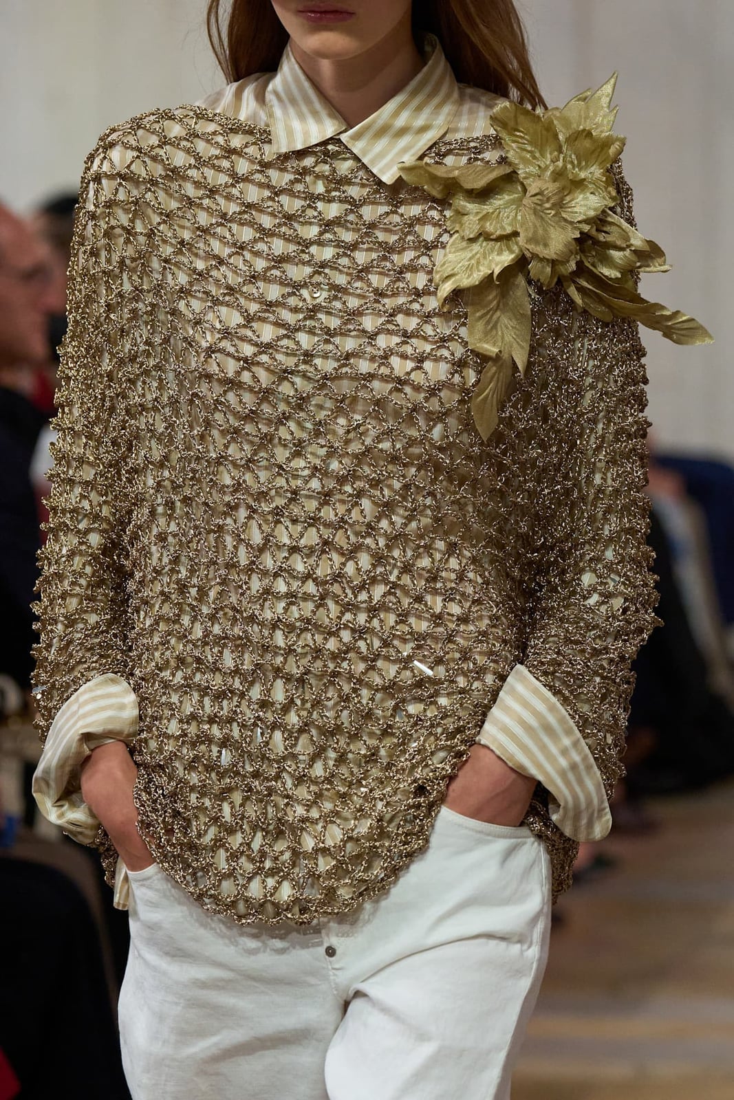 Gold Metallic Knit Overlay with Fabric Flower Brooch Gold Metallic Knit Overlay with Fabric Flower Brooch — Trendy Ralph Lauren Outfits
