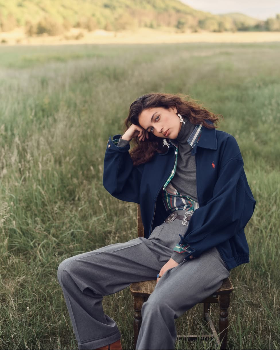 Navy Bomber Jacket Over Gray Turtleneck and Plaid Shirt Navy Bomber Jacket Over Gray Turtleneck and Plaid Shirt — Trendy Ralph Lauren Outfits