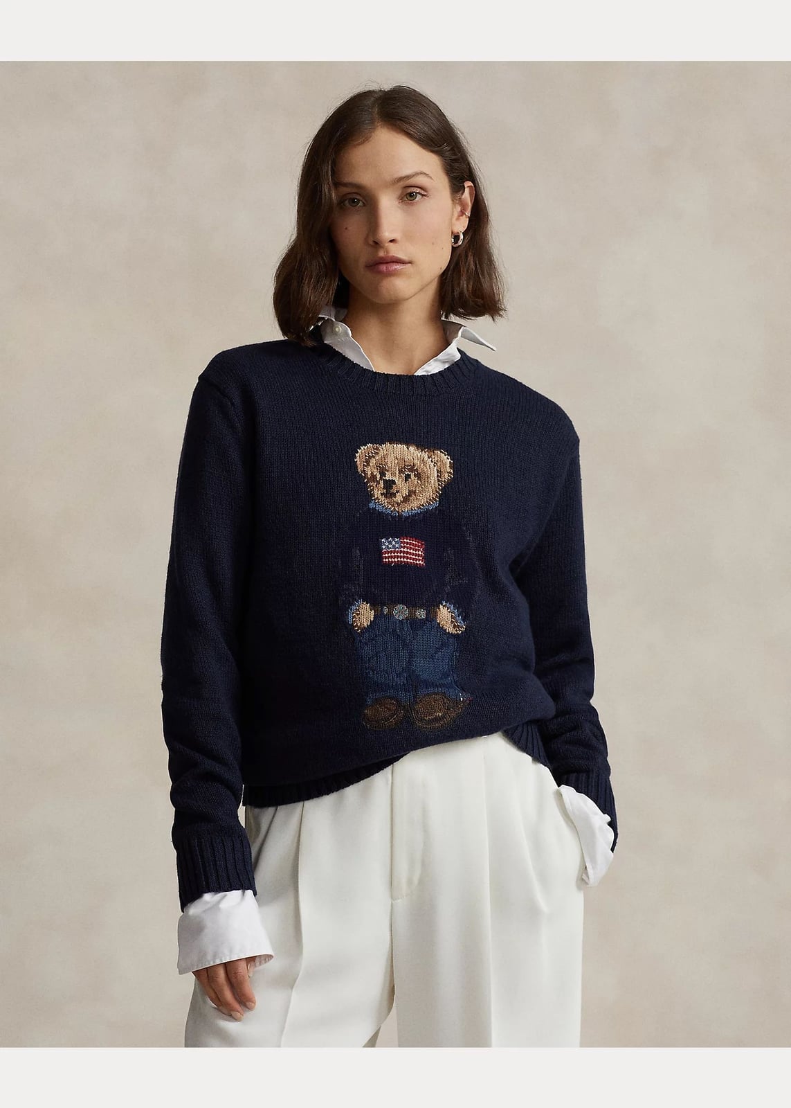 Navy Sweater with Polo Bear Over White Shirt and Trousers Navy Sweater with Polo Bear Over White Shirt and Trousers — Trendy Ralph Lauren Outfits
