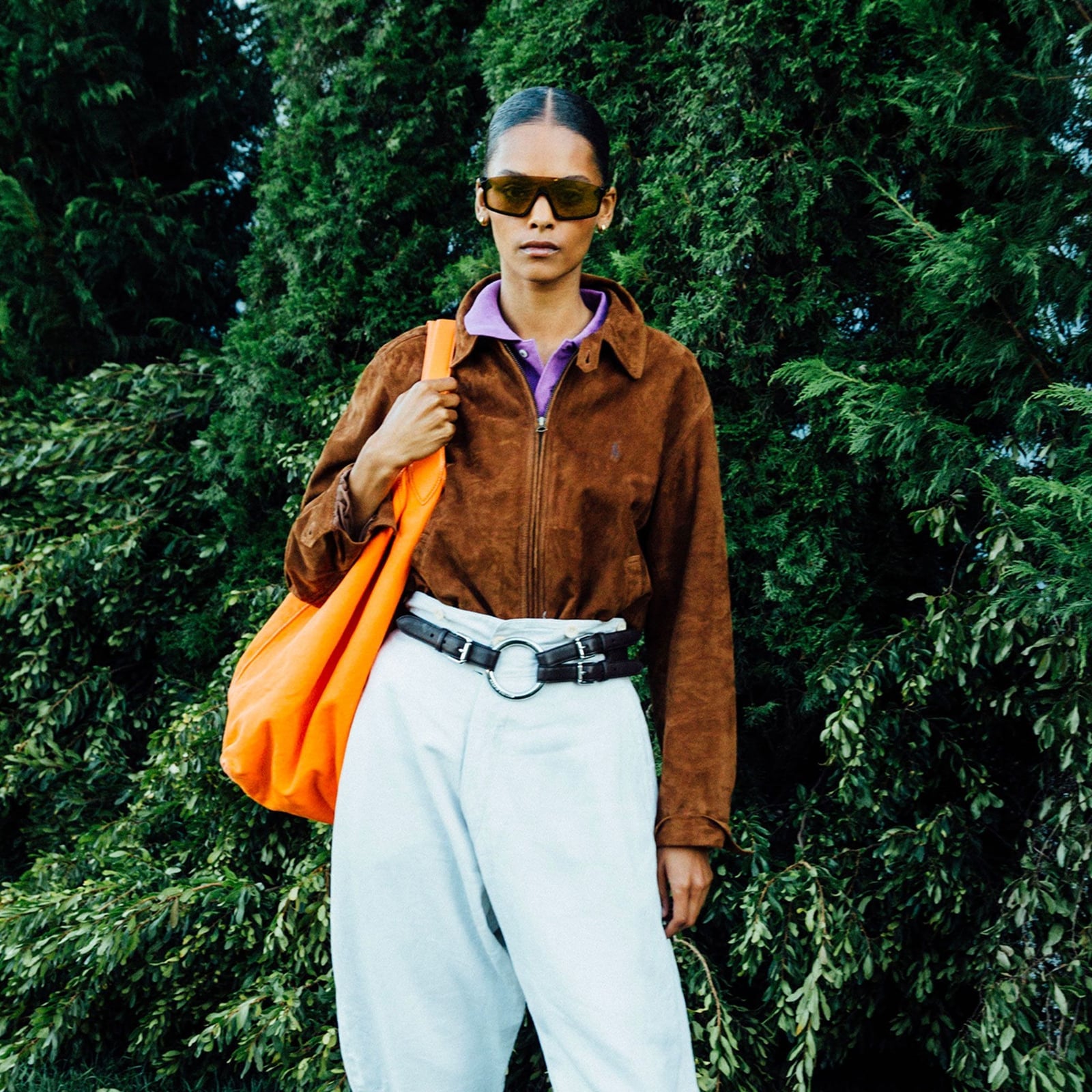 Brown Suede Jacket with Purple Polo and Orange Tote Brown Suede Jacket with Purple Polo and Orange Tote — Trendy Ralph Lauren Outfits