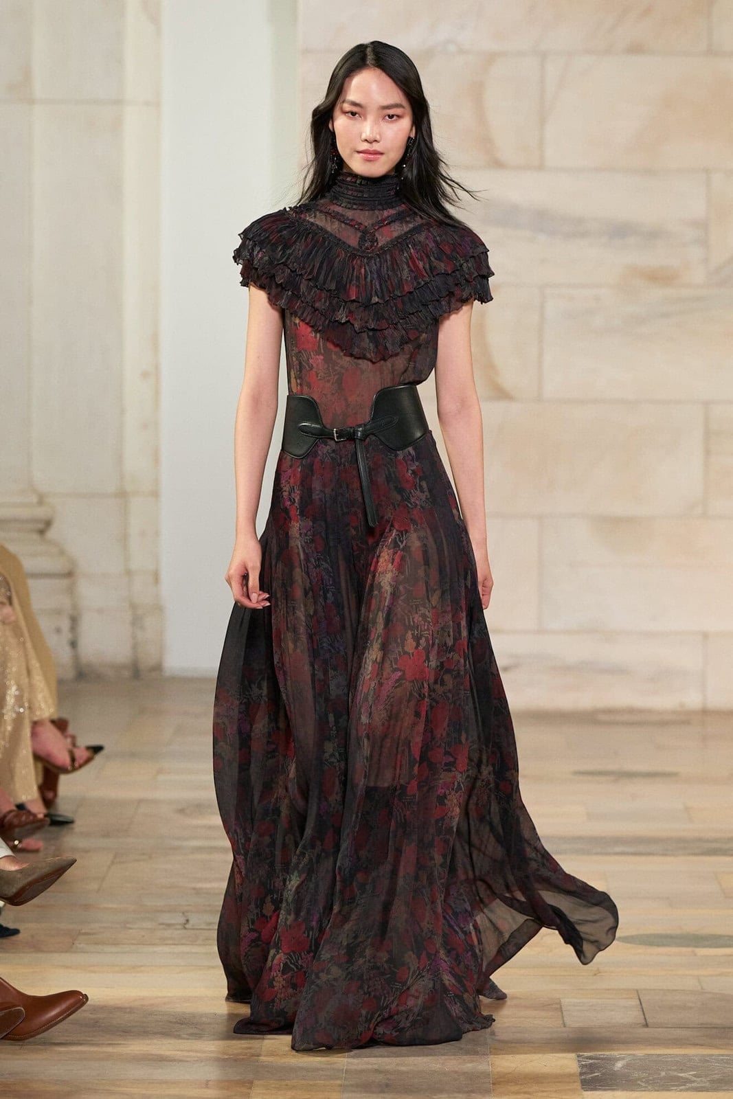Sheer Floral Maxi Dress with Ruffled Neck and Leather Belt Sheer Floral Maxi Dress with Ruffled Neck and Leather Belt — Trendy Ralph Lauren Outfits