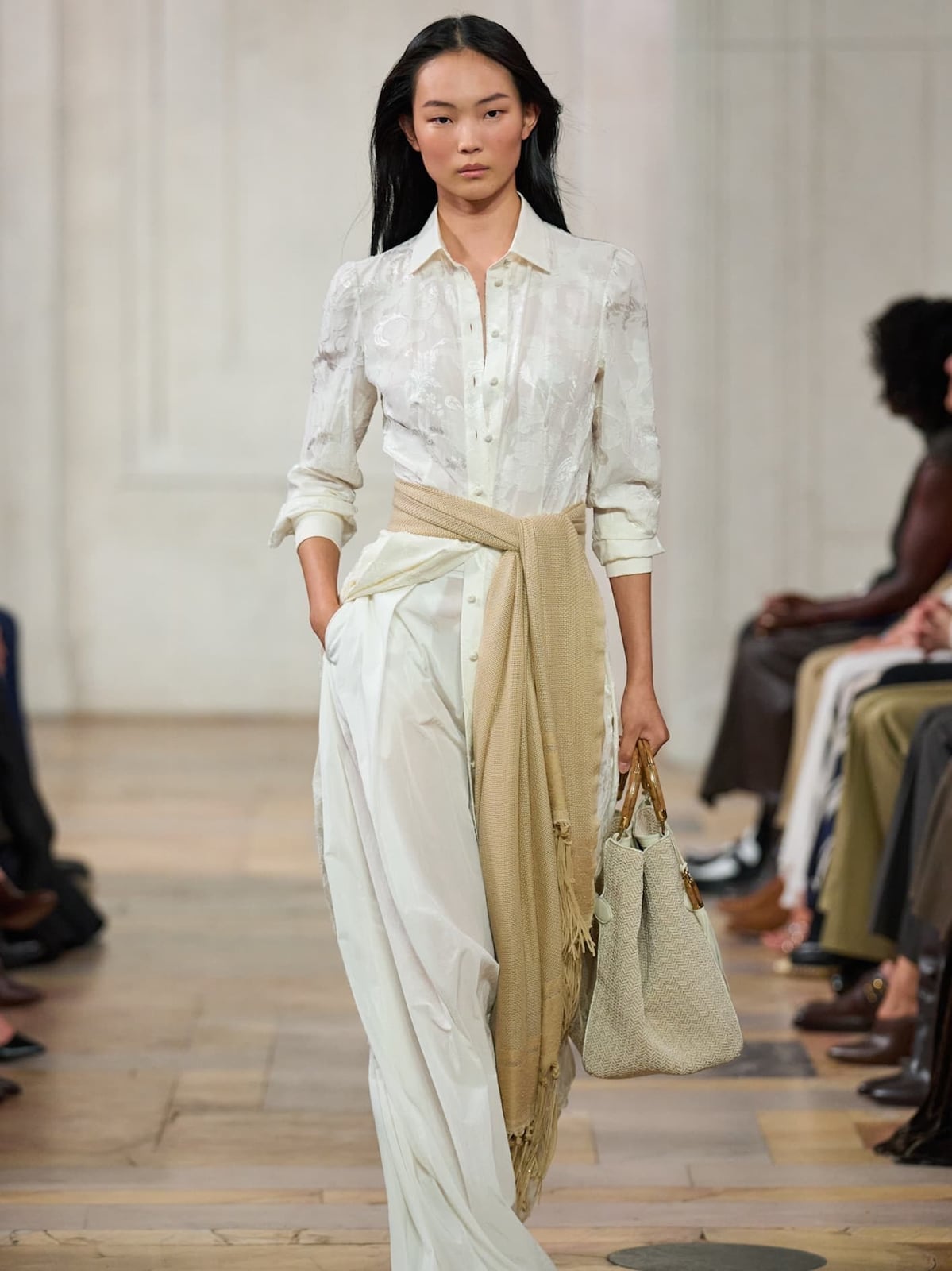 White Button-Down Shirt with Scarf Tied at the Waist White Button-Down Shirt with Scarf Tied at the Waist — Trendy Ralph Lauren Outfits