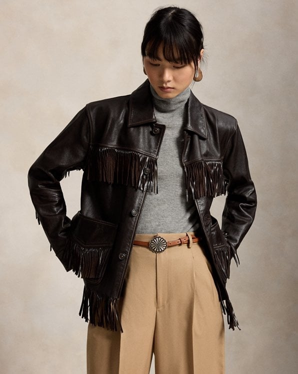 Leather Jacket with Fringe Over Turtleneck and Tan, Close-Up Take Leather Jacket with Fringe Over Turtleneck and Tan, Close-Up Take — Trendy Ralph Lauren Outfits
