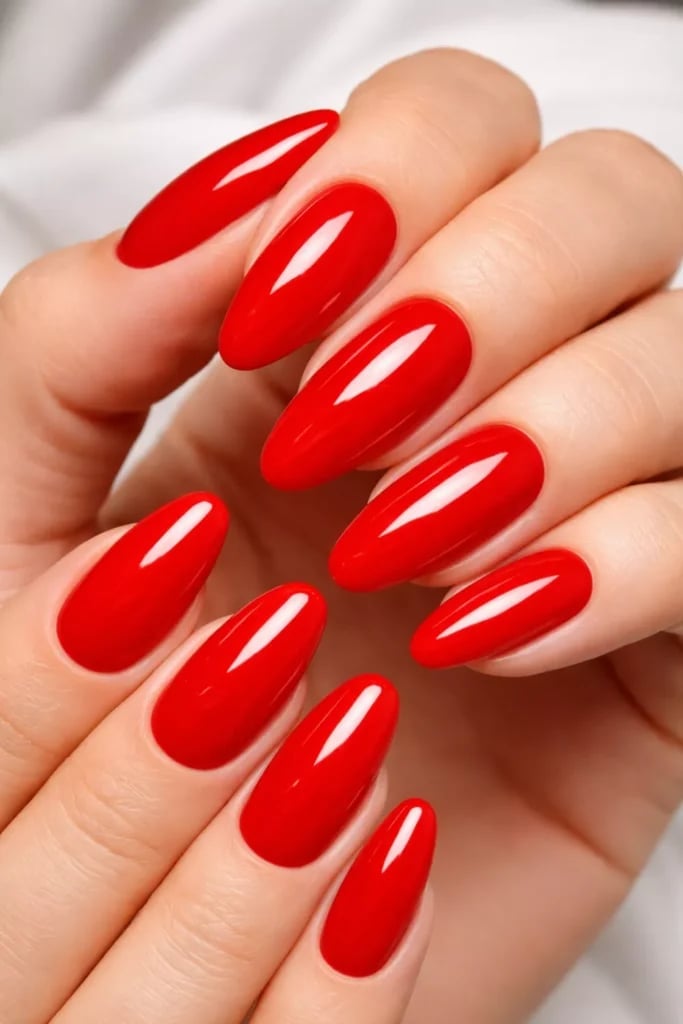 Vibrant Glossy Red Medium Almond Nails — Trendy Red Almond Nails