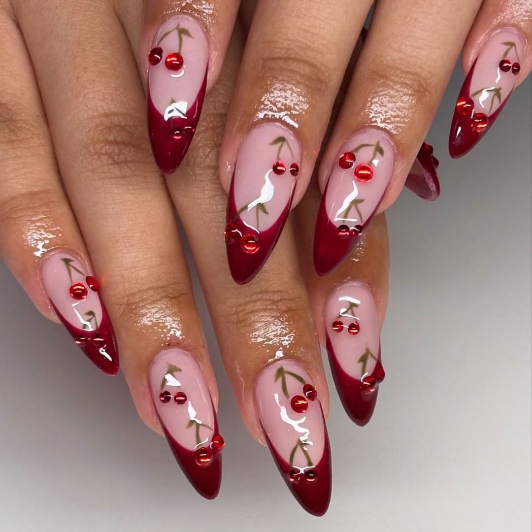 Deep Red French Tip Long Almond with Cherry Art — Trendy Red Almond Nails