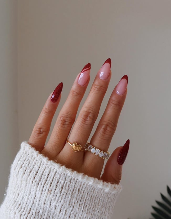 Sheer Pink Long Almond with Red Glitter Accent — Trendy Red Almond Nails