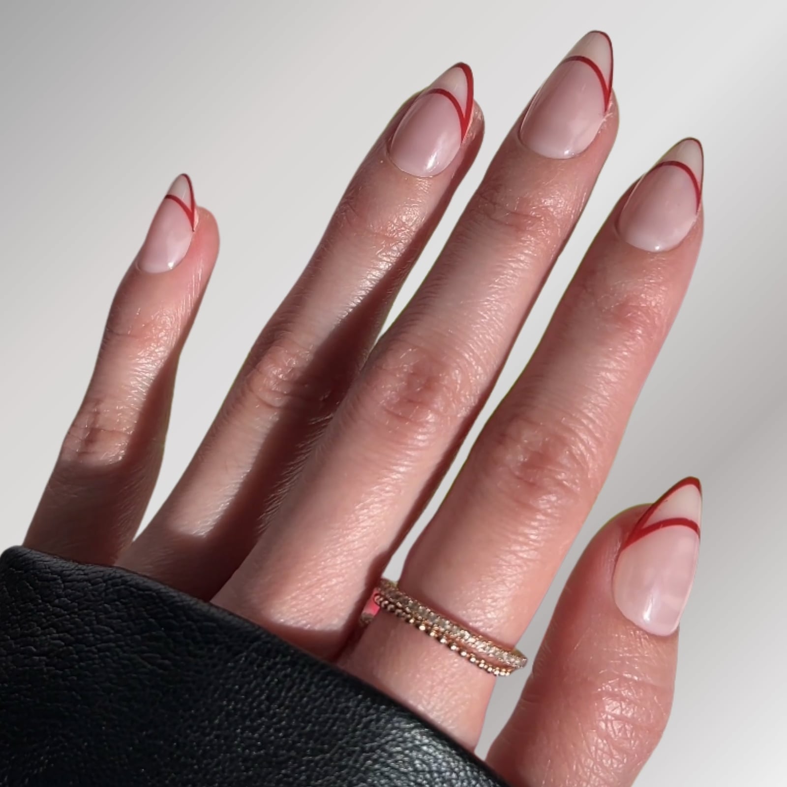 Sheer Nude Long Almond with Red Outline French — Trendy Red Almond Nails