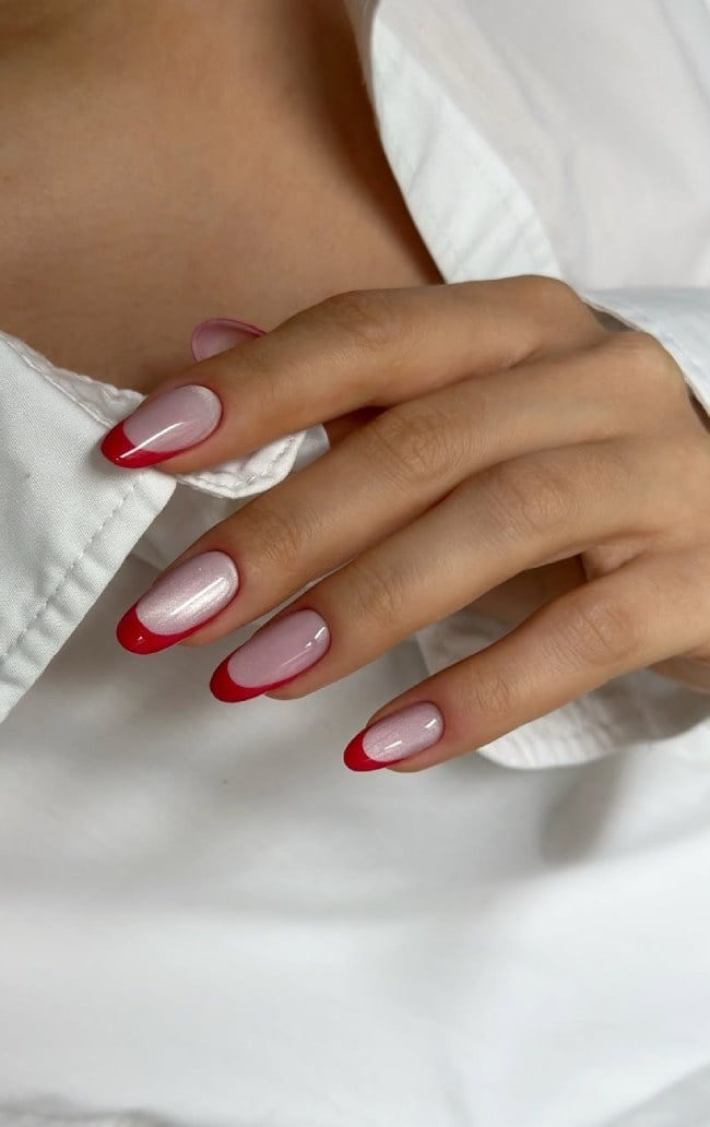 Nude Shimmer Medium Almond with Red French — Trendy Red Almond Nails