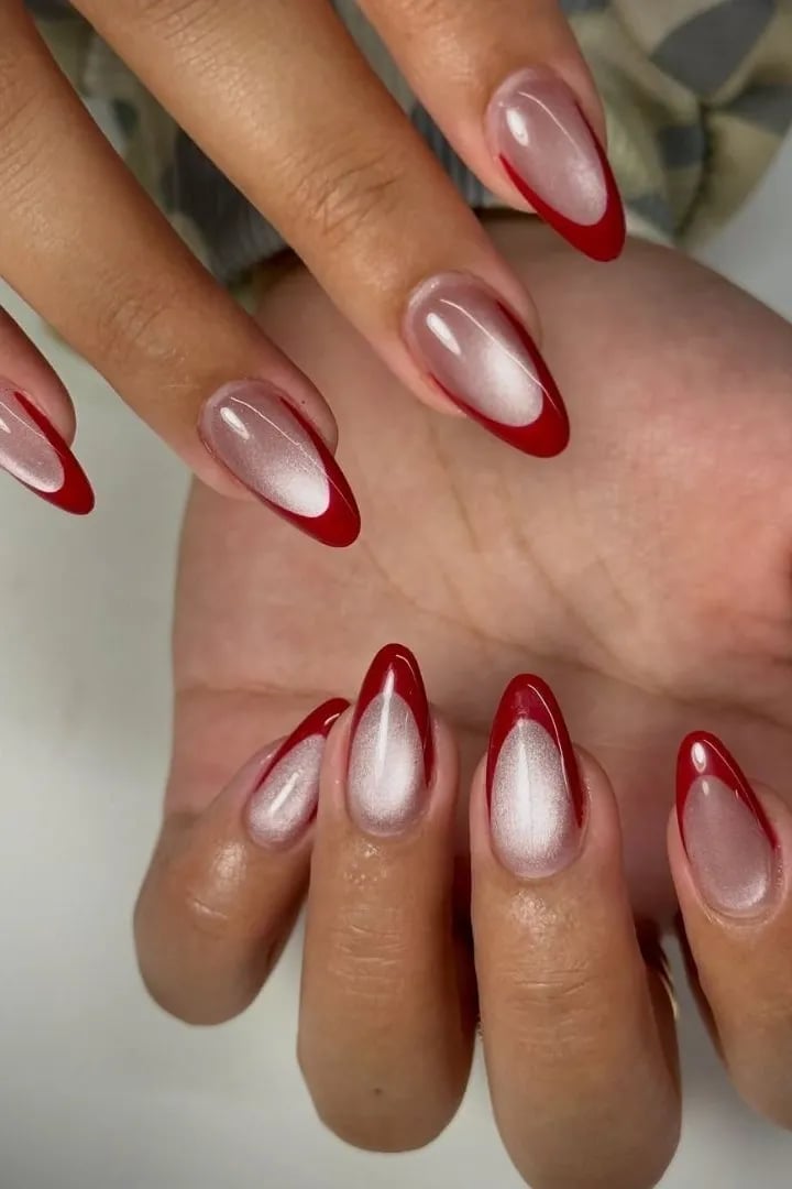 Milky White Medium Almond with Red French — Trendy Red Almond Nails
