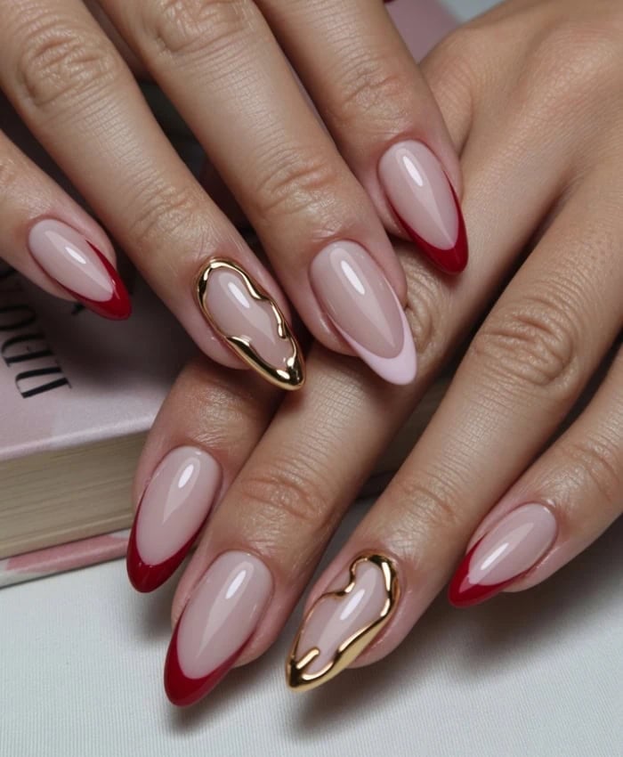 Nude Base Medium Almond with Red French and Gold Heart — Trendy Red Almond Nails