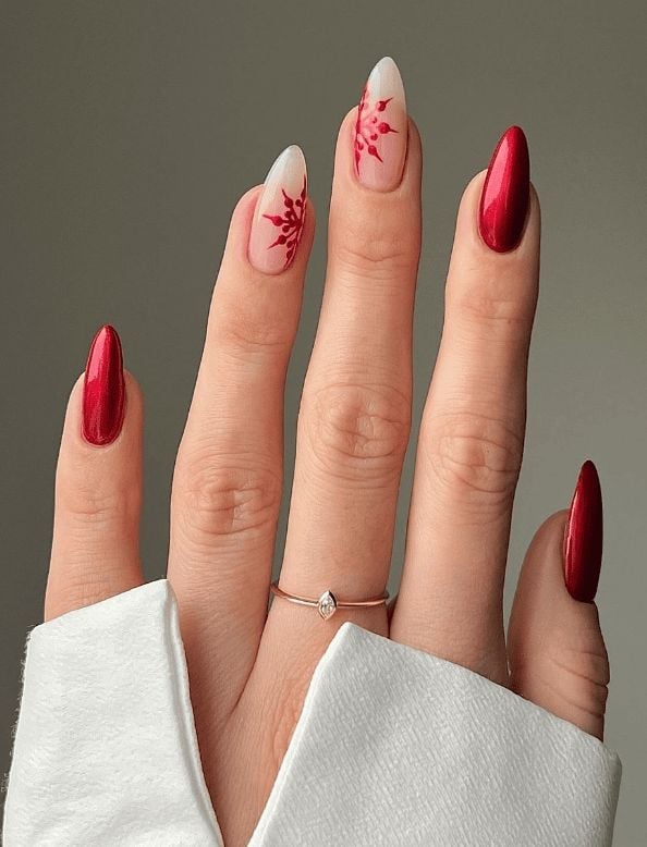 Nude Base Medium Almond with Red French and Snowflake — Trendy Red Almond Nails