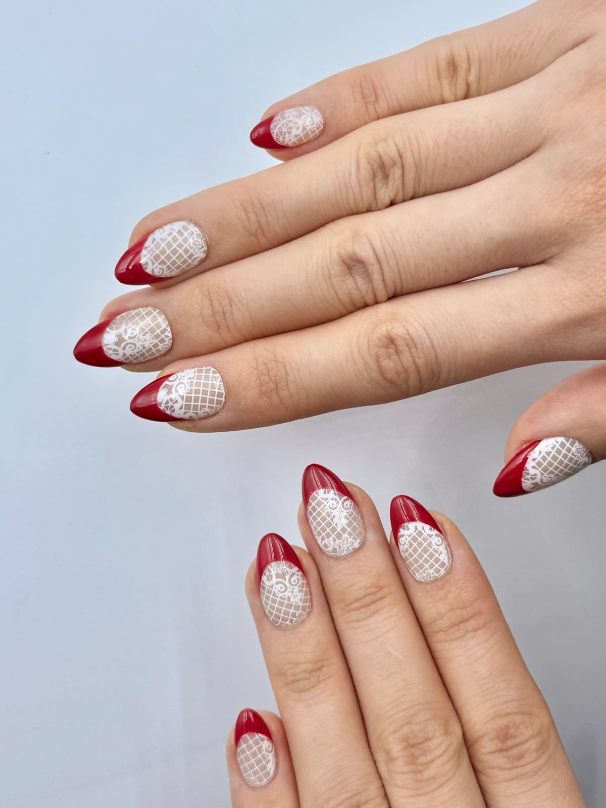 Short Almond with Red French and White Lace — Trendy Red Almond Nails