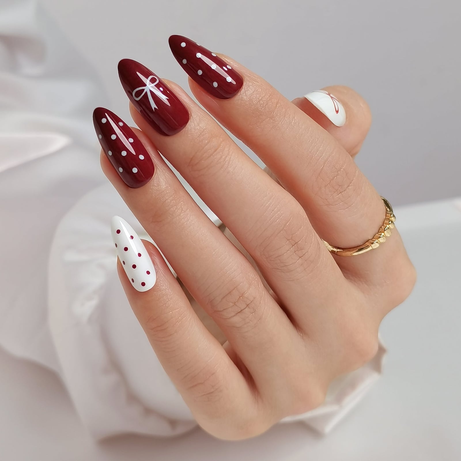 Long Almond Dark Red with White Polka Dots and Bow — Trendy Red Almond Nails