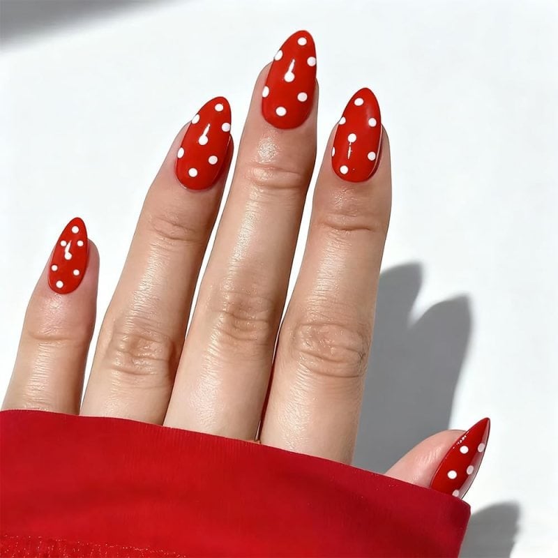 Medium Almond Bright Red with White Polka Dots — Trendy Red Almond Nails