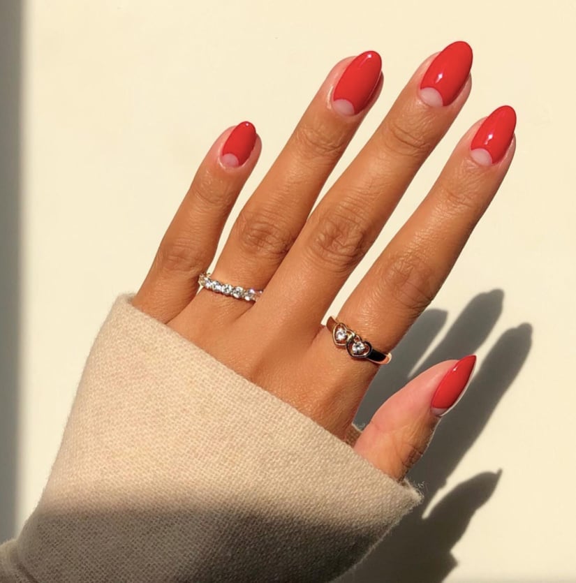Bright Red Glossy Almond with Half-Moon Cuticle — Trendy Red Almond Nails
