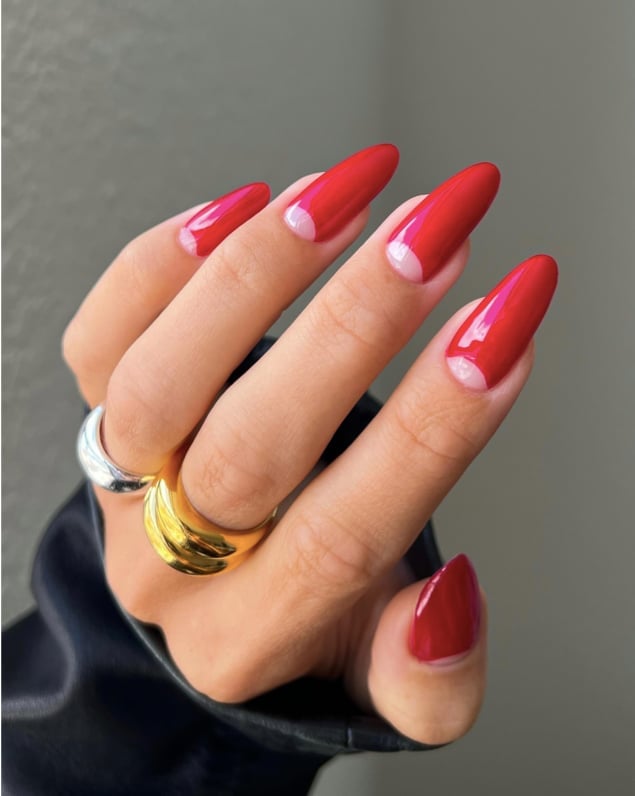 Bright Red Glossy Almond with Half-Moon Detail, Close-Up Take — Trendy Red Almond Nails