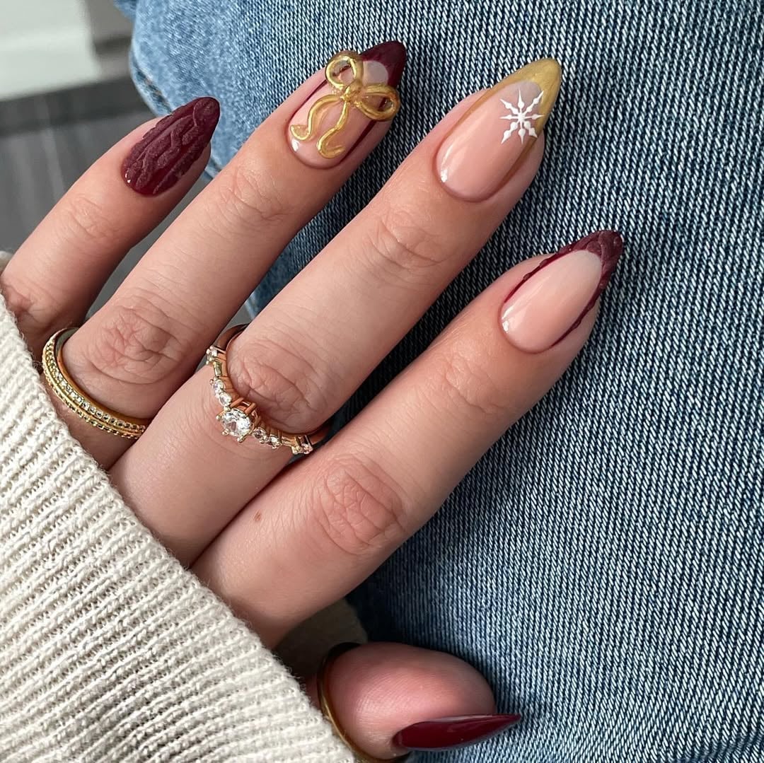 Dark Red Almond with Gold Bow and Textures — Trendy Red Almond Nails