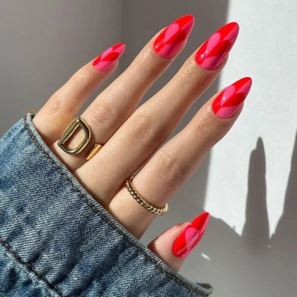 Long Almond Color-Block Red and Hot Pink — Trendy Red Almond Nails
