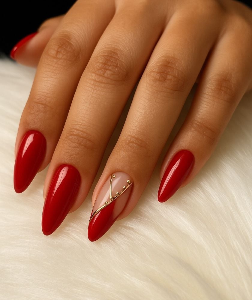 Red Glossy Almond with Gold Geometric Accent — Trendy Red Almond Nails