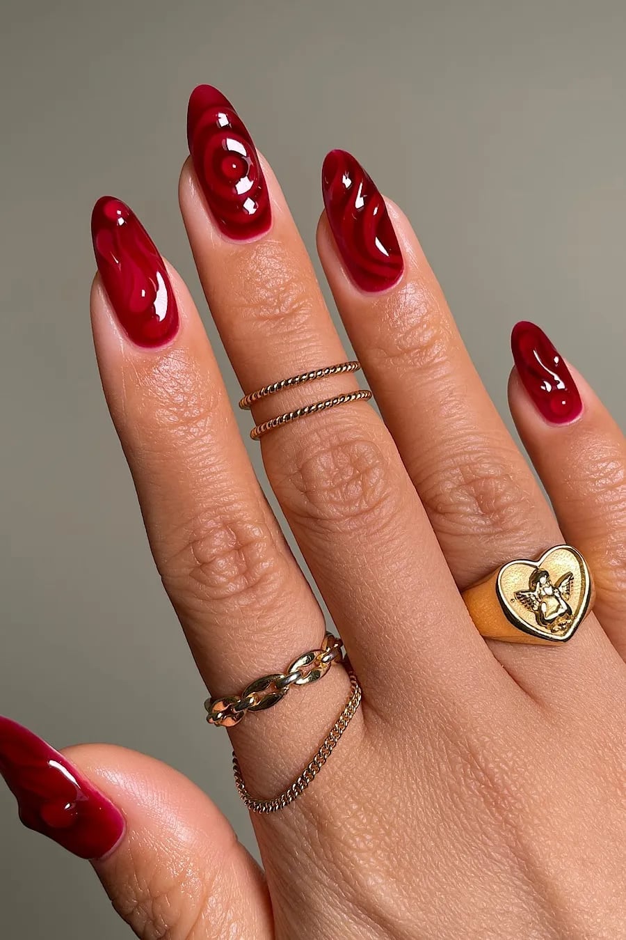 Long Almond Deep Red French with Cherry Motif — Trendy Red Almond Nails