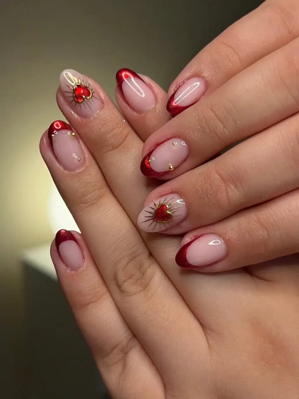 Medium Almond Nude Base Red French with Gold, Office-Safe Version — Trendy Red Almond Nails