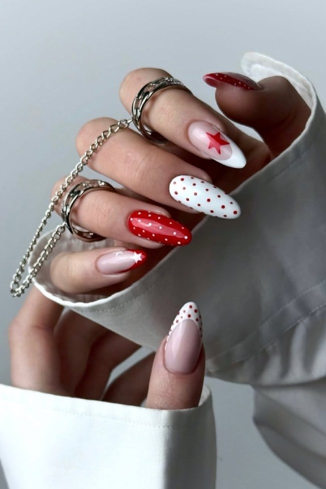 Long Almond Deep Red French with Cherry Art, Close-Up Take — Trendy Red Almond Nails