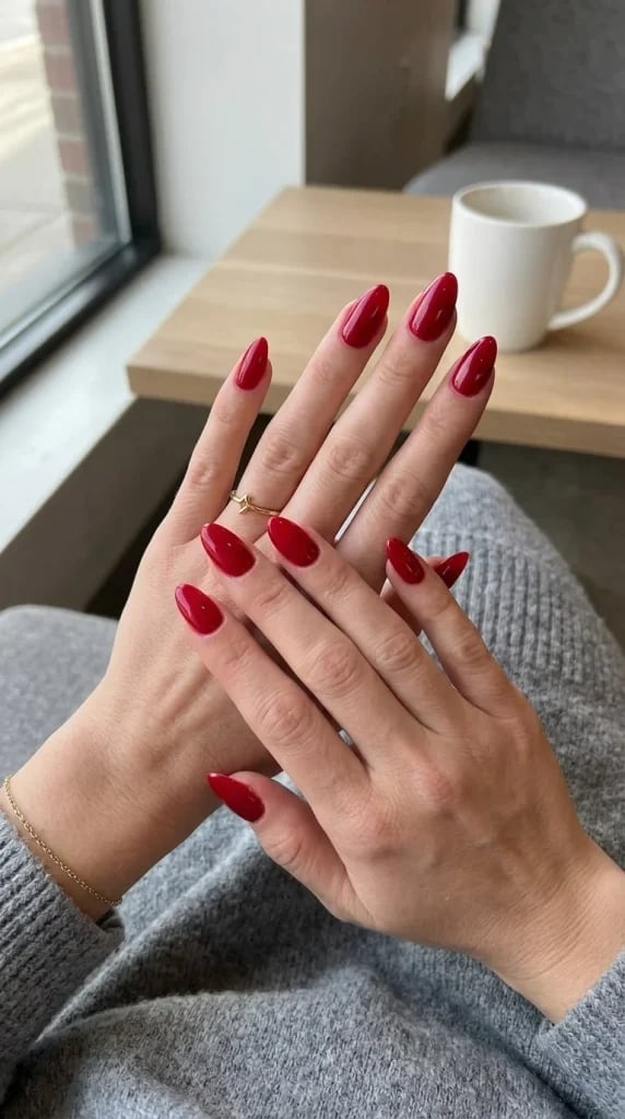 Rich Glossy Red Medium Almond Nails — Trendy Red Almond Nails