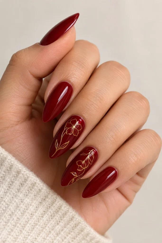 Deep Red Glossy Almond with Gold Floral Art — Trendy Red Almond Nails