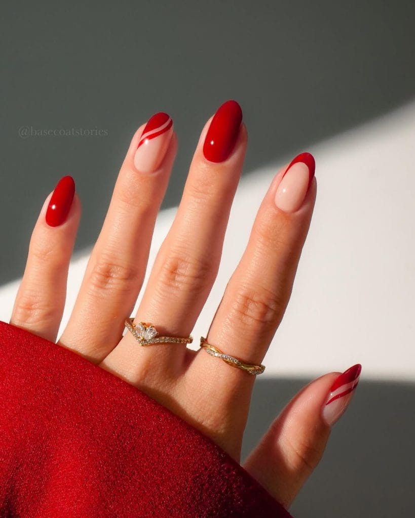 Vibrant Red and Nude Minimalist Line Almond Nails — Trendy Red Almond Nails