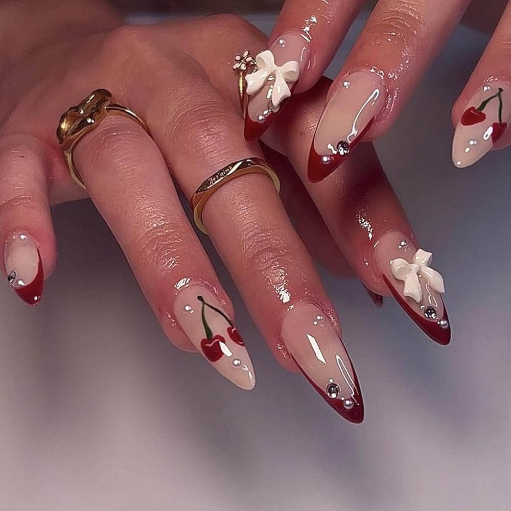 Sheer Pink Long Almond with Red Tips and 3D Bows — Trendy Red Almond Nails