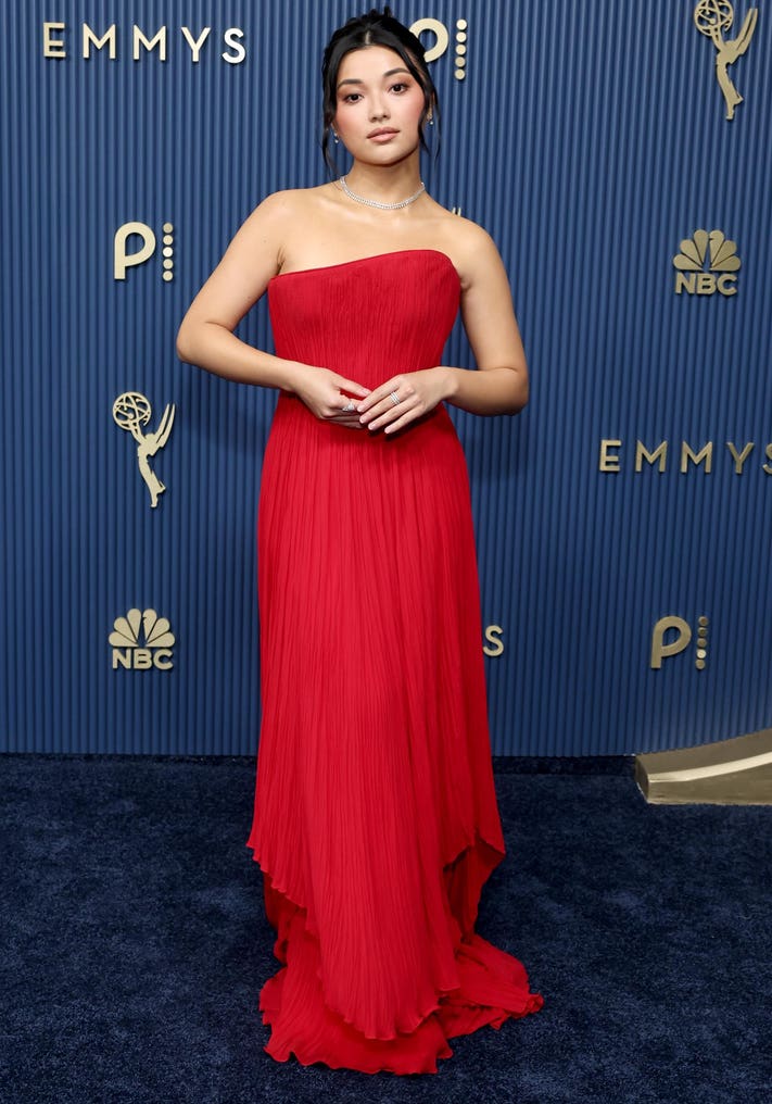 Red Pleated Chiffon Gown With Column Silhouette — Trendy Red Carpet Outfits