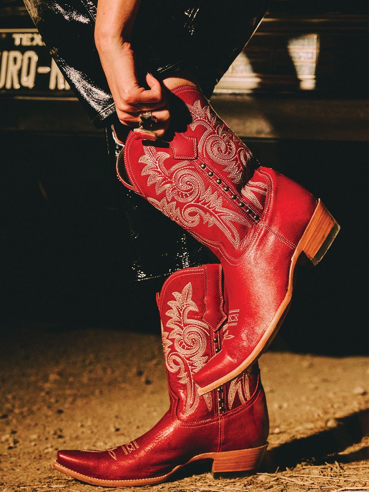 Embellished Red Cowboy Boots with Mini Skirt Embellished Red Cowboy Boots with Mini Skirt — Trendy Red Cowboy Boots Outfit