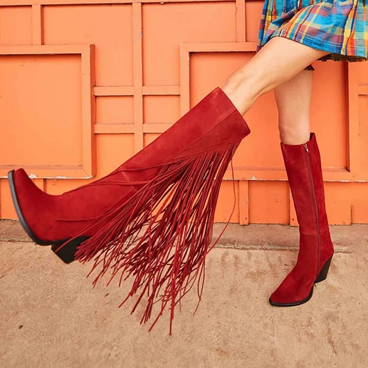Red Suede Fringe Boots with Plaid Mini Skirt Red Suede Fringe Boots with Plaid Mini Skirt — Trendy Red Cowboy Boots Outfit
