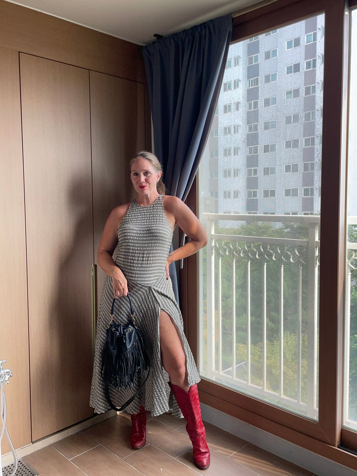 Red Cowboy Boots with Patterned Halter Dress Red Cowboy Boots with Patterned Halter Dress — Trendy Red Cowboy Boots Outfit